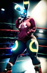 ai_generated anthro big_breasts eeveelution fighting_stance grin hoodie huge_thighs muscular_thighs novelai pokemon pokemon_(species) ready_for_battle strong sweat sweating thick_thighs training umbreon workout wrestling