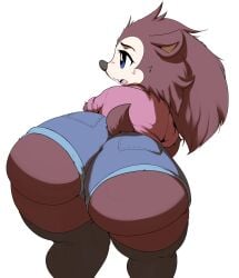 2023 animal_crossing anthro ass big_ass big_butt blue_eyes bottomwear clothed clothing daisy_dukes digital_media_(artwork) eulipotyphlan eyelashes female garuda_six hedgehog hi_res huge_ass huge_butt legwear mammal nintendo rear_view sable_able shorts solo thick_thighs thigh_highs