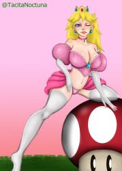 1girls big_breasts blonde_hair blue_eyes breasts crown dress female female_only huge_breasts lingerie mario_(series) mushroom nintendo princess princess_peach solo super_mario_bros. tacitanocturna_(artist)