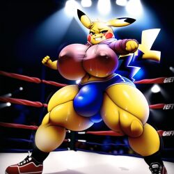 ai_generated anthro bulge fight fighting_ring furry futanari huge_breasts huge_bulge huge_thighs muscular novelai pikachu pokemon training victory