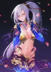 armour azur_lane bangs bikini_armor body_markings cosplay crossover_cosplay drake_(azur_lane) falling_petals fate/grand_order fate_(series) female flower gold_eyes hair_ribbon kama_(fate/grand_order) large_breasts long_hair looking_at_viewer midriff navel shizuko_hideyoshi simple_background smile white_hair