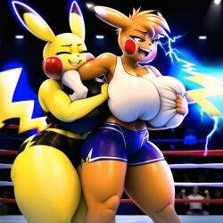 ai_generated anthro big_breasts duo fight fighting_ring huge_breasts huge_thighs muscular novelai pikachu pokemon pokemon_(species) training victory