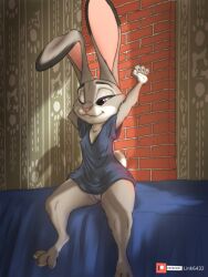 anthro bed big_ears blue_clothing blue_shirt blue_topwear bottomless claws clothed clothing disney female fur furniture genitals grey_body grey_fur hi_res judy_hopps lagomorph leporid link6432 long_ears mammal narrowed_eyes nipple_outline on_bed one_eye_closed purple_eyes pussy rabbit shirt sitting solo stretching t-shirt topwear waking_up zootopia