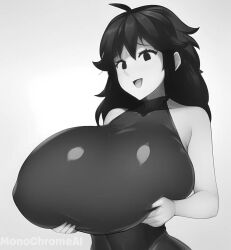 ai_generated black_and_white clothed female friday_night_funkin girlfriend_(friday_night_funkin) holding_breast huge_breasts monochrome monochrome_ai open_mouth