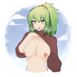 1:1 areolae blush breasts dee_emperror female green_eyes green_hair hair_ornament leaf leaf_hair leafions light-skinned_female light_skin nipples pale-skinned_female pale_skin ponytail smile smug sweater sweater_lift tongue tongue_out turtleneck turtleneck_sweater vrchat