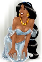 1girls aladdin arabian belly_dancer belly_dancer_outfit black_hair brown_eyes cleavage dark-skinned_female disney disney_princess erect_nipples harem_outfit harem_pants jen-and-kris kneeling large_breasts long_hair princess_jasmine royalty voluptuous