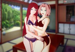 2girls adult age_difference ass ass_grab bra breast_grab breasts cleavage curvaceous female female_only garter_belt garter_straps green_eyes koikatsu lingerie long_hair looking_at_viewer midriff milf multiple_girls naruto naruto_(series) naruto_shippuden older_female otsukira panties pink_hair purple_eyes red_hair sakura_haruno smile stomach_tattoo take_your_pick tattoo teenager uzumaki_kushina very_long_hair wide_hips younger_female yuri