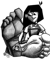 5_toes artist_logo artist_signature black_and_white black_hair clothed clothed_female clothes clothing deviantart ena feet female foot_fetish foot_focus giant giant_woman giantess girl hair joel_g looking_down macro macroart99 macrophilia moony_(joel_g) polygon polygons suprised suprised_look tiny tiny_female toes watermark