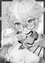 1boy animal_ears bar_censor blush breasts censored closed_mouth cum cum_in_container ejaculation erection female flask fur_collar genshin_impact glasses gloves greyscale hair_between_eyes highres holding holding_flask looking_at_viewer medium_breasts monochrome multicolored_hair nipples penis round_eyewear semi-rimless_eyewear solo_focus straight streaked_hair sucrose_(genshin_impact) sukoyaka93 test_tube unseen_male_face vision_(genshin_impact)