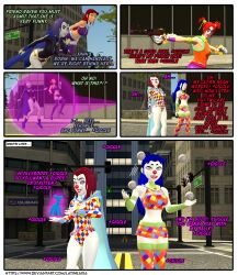 brainwashing clown clown_girl clown_makeup clown_nose clown_paint clownification dc dc_comics english_text female grey-skinned_female grey_skin hypnosis koriand'r large_ass large_breasts latinkaixa personality_change rachel_roth raven_(dc) starfire tan-skinned_female tan_skin teen_titans teenage_girl text thick_thighs transformation url what white-skinned_female white_skin wide_hips