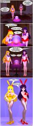 3d bishoujo_senshi_sailor_moon bow brainwashing bunny_ears bunnysuit clothing comic english_text female gold_leotard hypnosis large_ass large_breasts latinkaixa leotard minako_aino mind_control playboy_bunny red_leotard rei_hino sailor_mars sailor_venus skirt small_breasts speech_bubble text thick_thighs transformation url wide_hips yellow_leotard