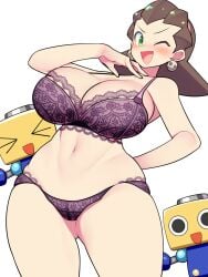 1girls arm_behind_back bellupup big_breasts black_bra black_panties blush breasts brown_hair busty child_bearing_hips clothing female green_eyes hips huge_breasts legs long_hair looking_at_viewer matching_underwear mega_man mega_man_legends navel one_eye_closed open_mouth panties smile thick_thighs thighs tron_bonne underwear voluptuous wide_hips wink