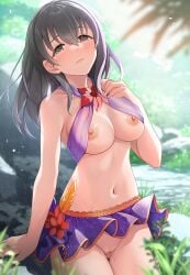 arm_support bikini black_hair blurry blush breasts brown_eyes closed_mouth criss-cross_halter day depth_of_field flower fujiwara_hajime hair_between_eyes halterneck hand_on_own_chest hand_up highres idolmaster idolmaster_cinderella_girls long_hair looking_at_viewer medium_breasts mk_(mod0) navel nipple_slip nipples no_panties outdoors purple_bikini pussy red_flower stomach swimsuit water