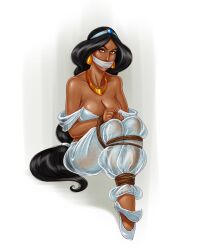 1girls aladdin arabian belly_dancer belly_dancer_outfit black_hair bondage brown_eyes cleavage dark-skinned_female disney disney_princess gagged harem_girl harem_outfit harem_pants jen-and-kris large_breasts looking_at_viewer princess_jasmine voluptuous