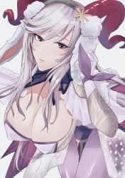 1girls absurdres alternate_costume animal_ears breasts bunny_ears bunny_girl bunnysuit cleavage curled_horns deep_cleavage fake_animal_ears female female female_only fire_emblem fire_emblem_heroes foreshortening freyja_(fire_emblem) freyja_(spring)_(fire_emblem) gloves goat_horns grey_hair hanging_breasts highres horns huge_breasts looking_at_viewer nintendo official_alternate_costume rabbit_ears red_eyes red_horns simple_background solo sou_mei white_background white_gloves