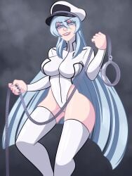 1girls akame_ga_kill! ass_visible_through_thighs bare_thighs bearbuckscoffee blue_eyes blue_hair bondage breasts chain_leash chains esdeath_(akame_ga_kill!) female female_only femdom grin large_breasts leash long_hair smile solo thighhighs thighs very_long_hair