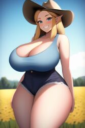 ai_generated black_shorts blonde_hair blue_eyes blue_tank_top cleavage curvy curvy_figure gigantic_ass gigantic_breasts hat huge_ass huge_breasts huge_hips long_hair looking_at_viewer nai_diffusion princess_zelda seductive_smile shadow short_shorts stable_diffusion the_legend_of_zelda thick_thighs thunder_thighs voluptuous wide_hips