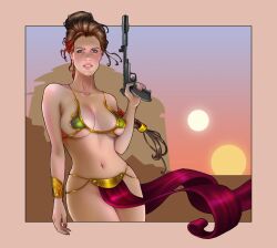 1girls belly_dancer belly_dancer_outfit bikini blue_eyes braided_hair brown_hair casual clothing desert enslaved_royal female female_only firearm front_view gun handgun harem_girl harem_outfit holding_weapon human inka29 large_breasts loincloth long_hair outside pale_skin princess_leia_organa return_of_the_jedi slave slave_bikini slave_collar slave_leia slave_outfit slavegirl solo standing star_wars tatooine weapon