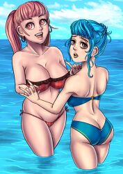 2girls alternate_costume ass blue_bikini blue_hair blue_swimsuit breasts brown_eyes female female_only fire_emblem fire_emblem:_three_houses hilda_valentine_goneril holding_hands kokovartalosukka looking_at_viewer marianne_von_edmund pink_eyes pink_hair red_bikini red_swimsuit sideboob smile smiling_at_viewer source_request swimsuit swimwear twintails