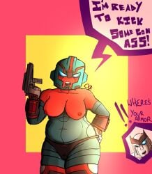 1boy 1girls alien alien_girl angry_expression autobot busty chromexorannex chubby chubby_female cybertronian english_text exposed_breasts exposed_nipples fembot high_times mecha nipples oc original_character ourobouro panties ratchet_(transformers) robot robot_girl shirtless_female speech_bubble thighhighs topless_female transformers tummy