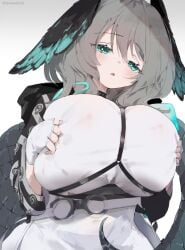 1girls 2023 arknights blush breasts dress gigantic_breasts gloves gray_hair green_eyes head_wings ho'olheyak_(arknights) hood large_breasts light-skinned_female light_skin long_hair long_sleeves looking_at_viewer open_mouth scales simple_background solo tail unitedunti white_background