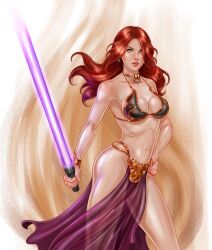 athletic_female belly_dancer belly_dancer_outfit cleavage fit_female green_eyes harem_girl harem_outfit jedi jen-and-kris large_breasts lightsaber long_hair mara_jade mara_jade_skywalker red_hair slave slave_bikini slave_collar slave_leia_(cosplay) slave_outfit slavegirl star_wars