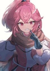 1girls anna_(fire_emblem) anna_(fire_emblem_engage) black_gloves brown_cape cape cola_bcde commentary dress facial finger_to_face finger_to_own_chin fire_emblem fire_emblem_engage gloves grin long_hair long_sleeves looking_at_viewer medium_hair nintendo oral pink_eyes pink_hair ponytail red_hair smile solo two-tone_dress upper_body white_background white_dress