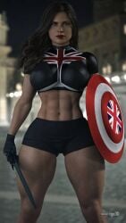 1girls 3d abs absurd_res ass big_ass big_breasts breasts brown_eyes brown_hair captain_america_(series) captain_carter cga3d curvaceous curvy curvy_body curvy_female curvy_figure erotichris female female_only fit fit_female hayley_atwell hi_res light-skinned_female light_skin marvel marvel_cinematic_universe marvel_comics midriff muscular muscular_female muscular_thighs peggy_carter shield short_shorts shorts solo thick_thighs union_jack voluptuous voluptuous_female what_if...? wide_hips