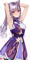 absurd_res absurdres cat_ears genshin_impact hands_behind_head helloimtea high_resolution highres keqing_(genshin_impact) looking_at_viewer patreon_username purple_clothing purple_hair thin_female thin_waist tight_clothing tongue_out twitter_username