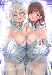 2girls anastasia_(idolmaster) bangs bare_shoulders blue_eyes blush breast_press breasts brown_eyes brown_hair cleavage clothes_pull commentary_request covered_navel dress dress_pull elbow_gloves female_pubic_hair gloves grey_hair hair_ornament highres idolmaster idolmaster_cinderella_girls large_breasts long_hair looking_at_viewer mk_(mod0) multiple_girls nipple_slip nipples nitta_minami no_panties open_mouth pantyhose pubic_hair pure_white_memories_(idolmaster) pussy short_hair smile sweat symmetrical_docking thighband_pantyhose thighs white_dress white_gloves white_pantyhose