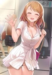 bag bangs bar_censor blurry blush breasts brown_hair censored cleavage closed_eyes cowboy_shot depth_of_field earrings facing_viewer hand_up handbag highres hojo_karen idolmaster idolmaster_cinderella_girls jewelry large_breasts looking_at_viewer mk_(mod0) necklace no_panties pussy short_sleeves smile solo_focus standing thighs underwear waving