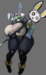 alternate_breast_size bbw gipehtyboon green_hair helmet huge_breasts hyper_breasts mega_man mega_man_x_dive mega_man_zx mega_man_zx_advent pandora_(mega_man) red_eyes robot robot_girl skinsuit staff thick_thighs witch_hat yboon