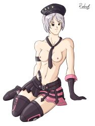 breasts brown_eyes brown_gloves brown_hat brown_necktie brown_skirt free_fire gray_hair kapella_(free_fire) pink_skirt rebut. solo_female topless