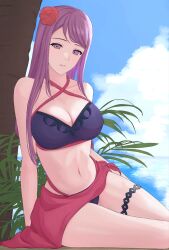 1girls alternate_costume bangs bare_arms bare_shoulders bikini blue_sky breasts cleavage cloud commentary_request day female female_only fire_emblem fire_emblem_engage flower hair_flower hair_ornament highres ivy_(fire_emblem) large_breasts long_hair looking_at_viewer navel nintendo purple_bikini purple_eyes purple_hair purple_swimsuit red_flower red_rose rose sarong sitting sky solo stomach swimsuit thigh_strap thighs tourniquet_(tourniquet_tk) very_long_hair