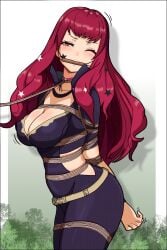 1girls arms_tied_behind_back bit_gag bondage bound bound_legs breasts cleavage female female_only femsub fire_emblem fire_emblem_engage fully_clothed gag gagged large_breasts leash nintendo one_eye_closed red_eyes red_hair rope solo source_request tiedtiki yunaka_(fire_emblem)