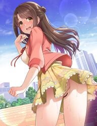 anus ass bar_censor blush brown_eyes brown_hair censored day female from_behind highres idolmaster idolmaster_cinderella_girls jacket looking_at_viewer looking_back miniskirt mk_(mod0) neck_ribbon no_panties open_clothes open_jacket open_mouth outdoors pink_jacket pussy red_ribbon ribbon shimamura_uzuki shirt skirt solo standing sweat teeth upper_teeth_only white_shirt yellow_skirt