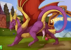 activision anal anus ass bodily_fluids cum dragon feral genital_fluids horn male purple_body purple_eyes scalie shadoweyenoom solo spyro spyro_reignited_trilogy spyro_the_dragon tail tailfuck tongue tongue_out western_dragon yellow_body