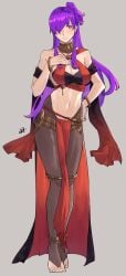 1girls absurdres alternate_costume anklet bare_shoulders black_pantyhose breasts cleavage commentary cosplay dancer female female_only fire_emblem fire_emblem:_three_houses fire_emblem_heroes fire_emblem_warriors:_three_hopes full_body grey_background hair_over_one_eye harem_outfit highres jewelry large_breasts lene_(fire_emblem) lene_(fire_emblem)_(cosplay) lene_(fire_emblem)_(plegian) lene_(fire_emblem)_(plegian)_(cosplay) long_hair looking_at_viewer midriff navel neck_ring nintendo one_side_up pantyhose pelvic_curtain plegian purple_eyes purple_hair sakuremi shez_(female)_(fire_emblem) shez_(fire_emblem) simple_background smile solo standing stomach thighs very_long_hair