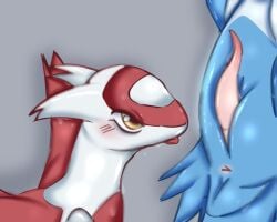 anus blue_body duo female feral generation_3_pokemon genitals hi_res latias latios legendary_pokemon male mushkiti nintendo penis pokemon pokemon_(species) red_body tapering_penis white_body