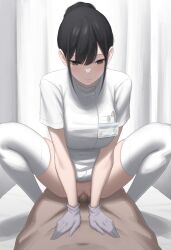 1boy black_eyes black_hair censored closed_mouth clothed_female clothed_female_nude_male clothed_sex commentary_request cowgirl_position female femdom gloves highres kaminari_doon malesub mosaic_censoring no_panties nude nurse original penis purple_gloves sex short_hair solo_focus squatting_cowgirl_position thighhighs vaginal_penetration white_thighhighs