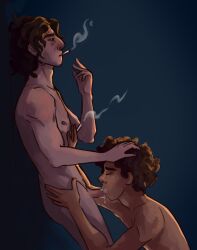 blowjob bruno_madrigal camilo_madrigal cigarette colombian cum cum_drip curly_hair encanto freckles gay hiding incest leaking_cum leaning_against_wall male_only older_man_and_younger_boy precum smoking twink uncle_and_nephew weed yaoi