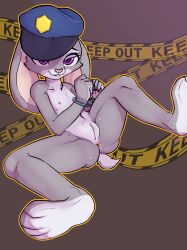 2019 :3 anthro anus ass barricade_tape bedroom_eyes bondage bound cheek_tuft clitoris clothing cuff_(restraint) disney facial_tuft female flat_chest flat_chested floppy_ears genitals handcuffed handcuffs hat hat_only headgear headgear_only headwear headwear_only hi_res judy_hopps lagomorph leporid looking_at_viewer lying mammal metal_cuffs mostly_nude narrowed_eyes nipples on_back outline pink_nose plantigrade police_hat police_tape presenting presenting_anus presenting_pussy purple_eyes pussy rabbit restraints ricky945 seductive simple_background smile solo spread_legs spreading tuft yellow_outline zootopia