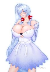 1girls alternate_breast_size areola_slip areolae armwear big_breasts blue_eyes bottomwear bracelet breasts bursting_breasts cleavage clothing female female_only hair hair_over_one_eye huge_breasts large_breasts lips necklace neckwear nxlth ponytail rwby scar scar_on_face skirt solo solo_female topwear weiss_schnee weiss_schnee_(vale) white_hair white_skirt xlthuathopec