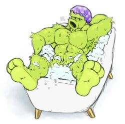 1boy 1male bara bathtub bubble bubbles chippychipster_(artist) gay green_body green_hair male male_only plantie plants_vs_zombies primal_peashooter_(pvz) water