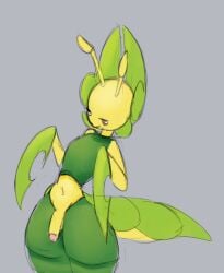 2023 antennae_(anatomy) anthro arthropod arthropod_abdomen atherol big_forehead elemental_creature femboy flora_fauna generation_5_pokemon genitals girly green_body green_skin grey_background half-closed_eyes half-erect humanoid humanoid_genitalia humanoid_penis insects leavanny male mantis narrowed_eyes navel nintendo no_humans non-human non-human_only penis pink_eyes plant pokemon pokemon_(species) portrait simple_background solo three-quarter_portrait yellow_penis