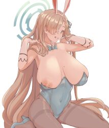 :d animal_ears asuna_(blue_archive) asuna_(bunny)_(blue_archive) black_pantyhose blue_archive blue_footwear blue_leotard breasts female gloves hair_lift hair_over_one_eye halo high_heels highres huge_breasts large_breasts leotard light_brown_hair long_hair looking_at_viewer nasakene nipple_slip nipples pantyhose playboy_bunny rabbit_ears simple_background sitting smile solo white_background white_gloves