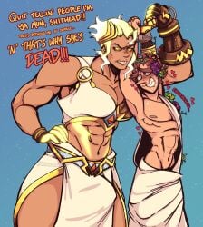 1boy 1futa blush boner clothed clothing dialogue dionysus_(cosplay) dionysus_junkrat dominant_futanari duo english_text erection erection_under_clothes futa_on_male futanari gynomorph gynomorph/male heart human implied_incest intersex junker_queen junkrat light-skinned_futanari light-skinned_male light_skin male mostly_clothed muscular_futanari overwatch overwatch_2 poltergush self_upload size_difference standing tenting text wickedhounds zeus_(cosplay) zeus_junker_queen