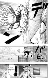 2boys abuelamarta canonical_scene edit edited edited_official_artwork king_(one-punch_man) monochrome murata_yuusuke no_panties one-punch_man pussy saitama tatsumaki tatsumaki_landing