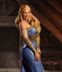 1girls 3d 3d_(artwork) aesir_(norse_mythology) alternate_version_available ass belt blonde_hair blue_dress blue_eyes braided_hair breasts clothed clothed_female dress female female_only fit fit_female fully_clothed god_of_war god_of_war_ragnarok goddess indoors long_hair looking_at_viewer milf mother norse_mythology pinup santa_monica_studio side_view sif_(god_of_war) smiling solo sony_corporation sony_interactive_entertainment tattoo tattooed_arm tattoos vyet3d