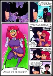 2boys 3girls beast_boy blackfire comic dc dc_comics dick_grayson english_text female hair_over_one_eye lioxdz male multiple_boys multiple_girls raven_(dc) robin_(dc) robin_(dick_grayson) starfire teen_titans text zamoshvik